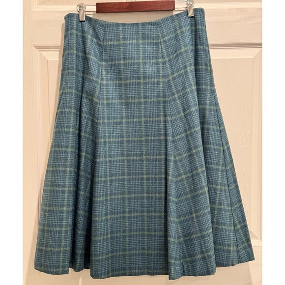 Norm Thompson Wool Blend A-Line Flare Teal Green Plaid Midi Skirt Size 14 - Picture 2 of 6